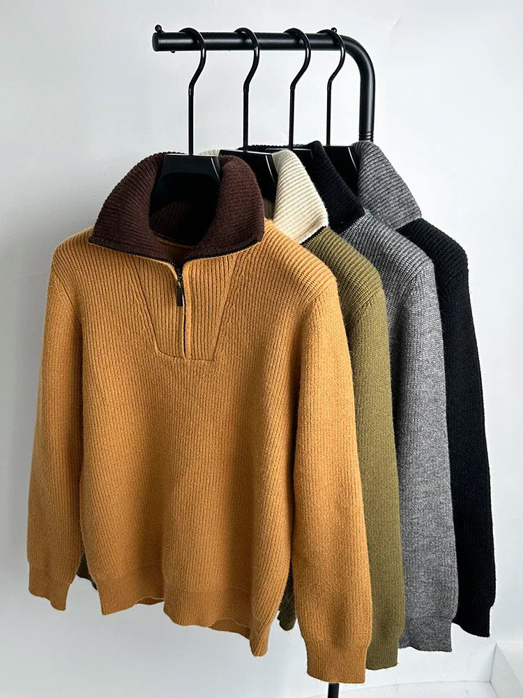 Autumn and Winter Men's Half High Neck Zipper Knitted Sweater Korean Version FashionCasualSolidColor Pullover Thickened and Warm