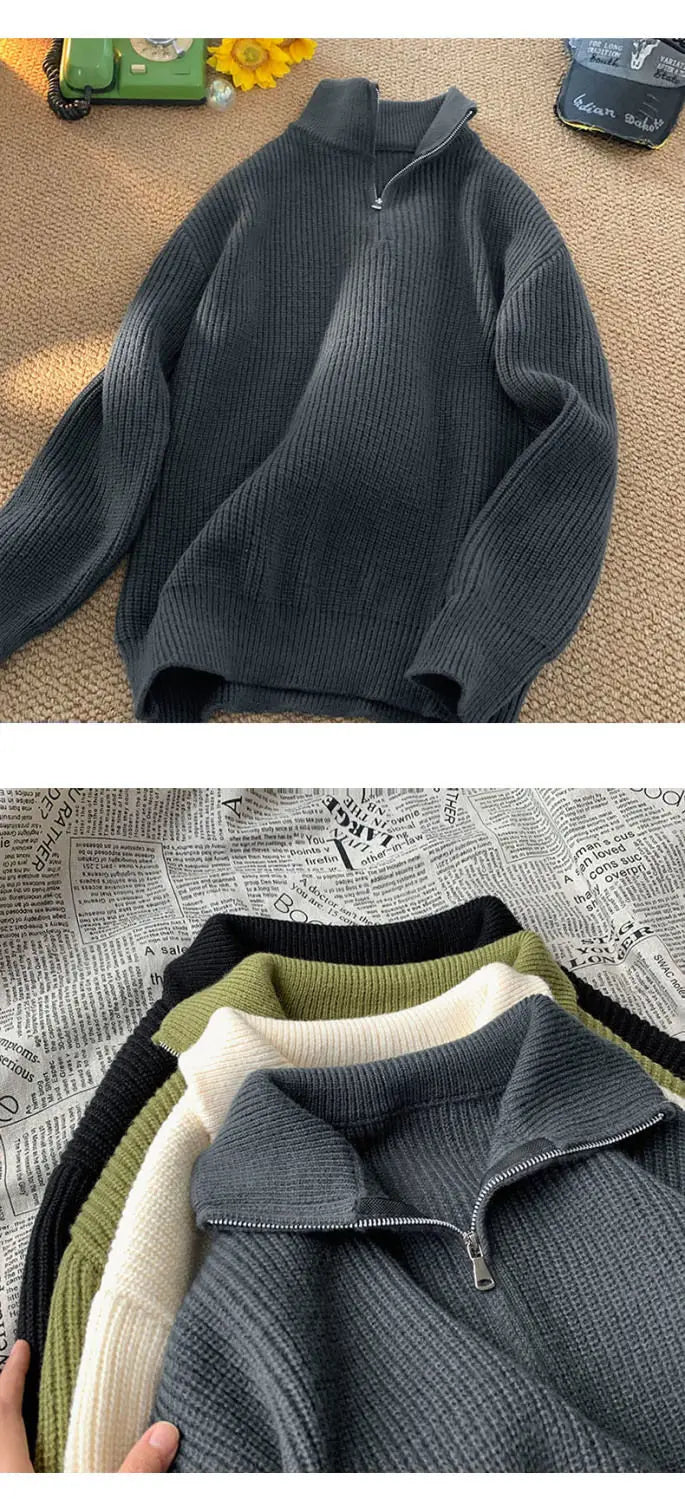 Half Zipper High Neck Pullover Sweater Men Autumn Winter Knitted Sweater Soft Lazy Tops Couple Coat Long Sleeve Warm Outerwear