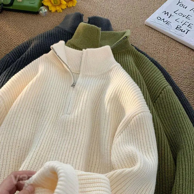 Half Zipper High Neck Pullover Sweater Men Autumn Winter Knitted Sweater Soft Lazy Tops Couple Coat Long Sleeve Warm Outerwear