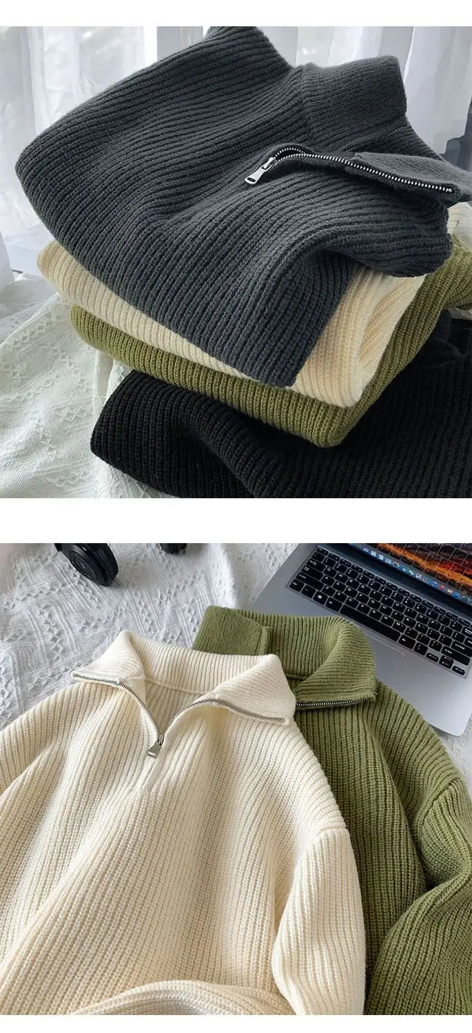 Half Zipper High Neck Pullover Sweater Men Autumn Winter Knitted Sweater Soft Lazy Tops Couple Coat Long Sleeve Warm Outerwear