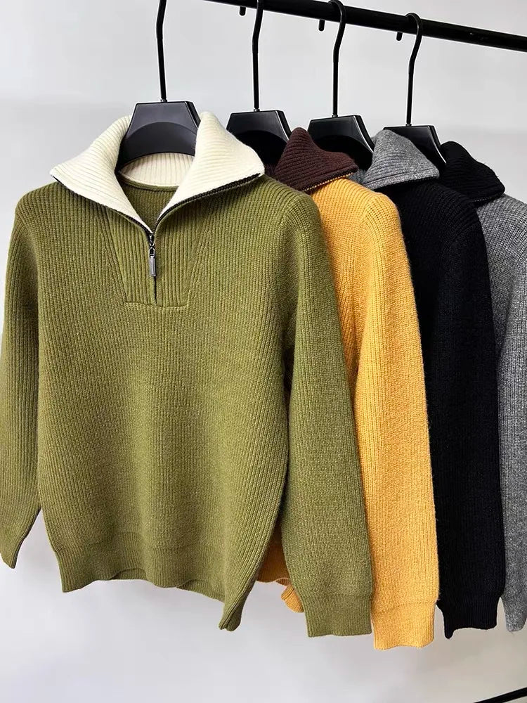Autumn and Winter Men's Half High Neck Zipper Knitted Sweater Korean Version FashionCasualSolidColor Pullover Thickened and Warm