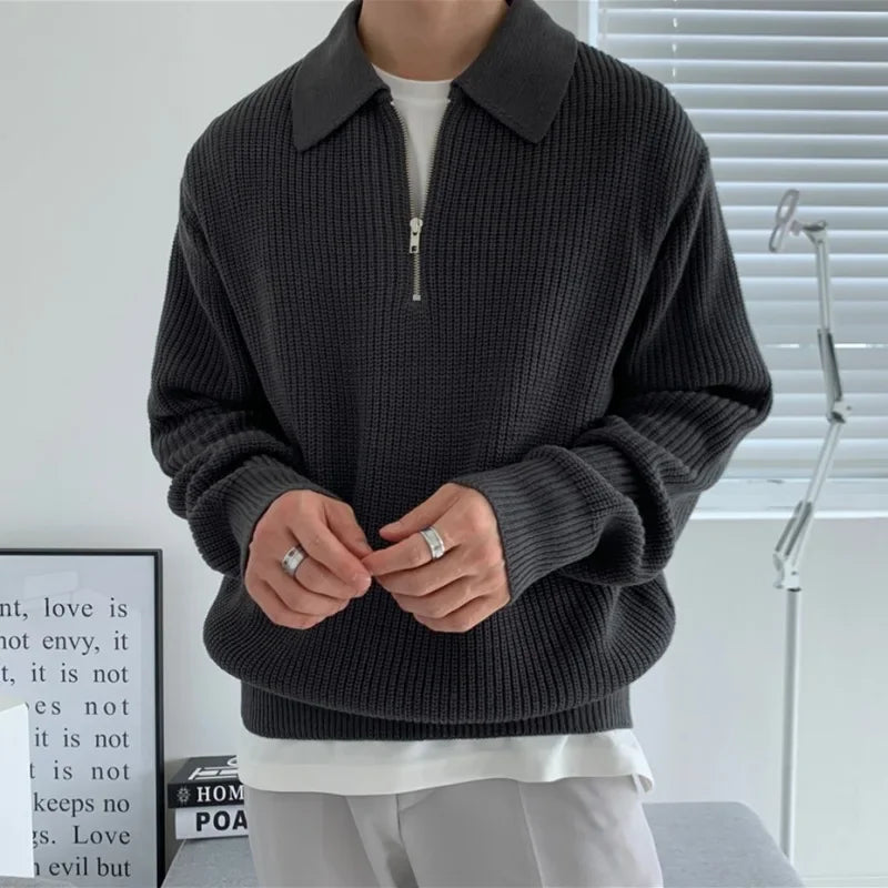 Korean Quality Youth POLO Collar Sweater Men Winter Thickened Loose Half Zipper Sweater Autumn and Winter Japanese Vintage Brand