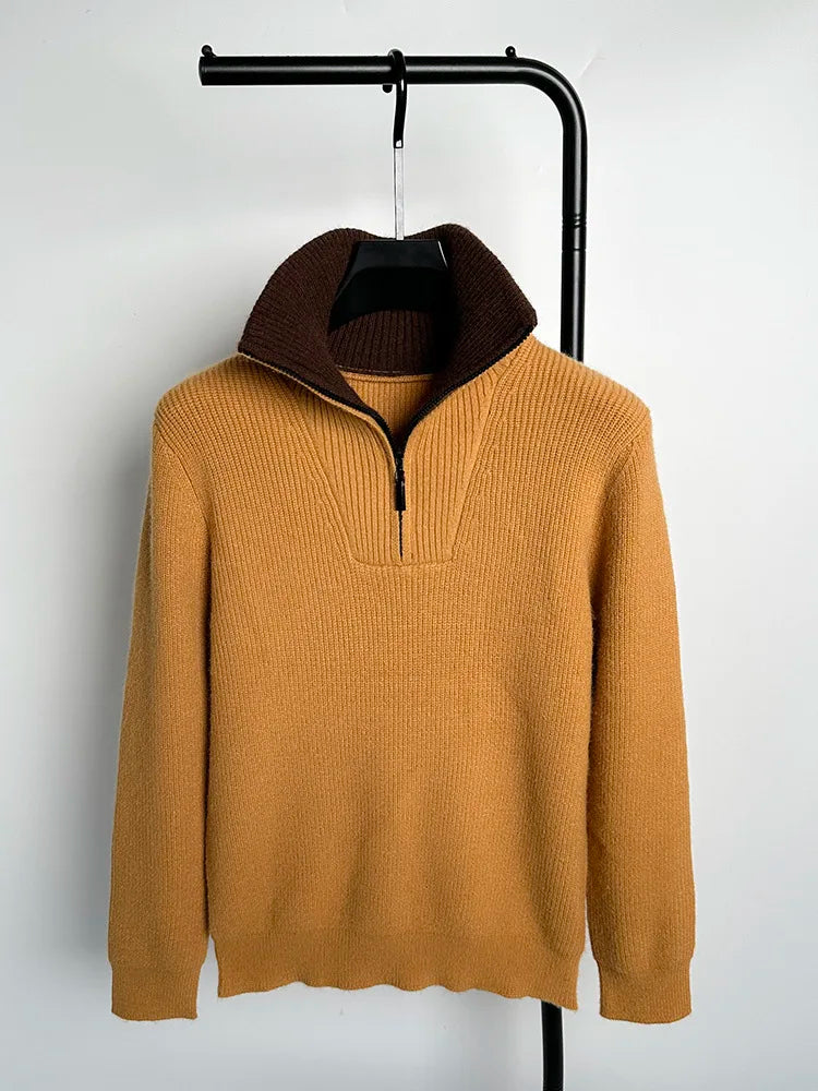 Autumn and Winter Men's Half High Neck Zipper Knitted Sweater Korean Version FashionCasualSolidColor Pullover Thickened and Warm