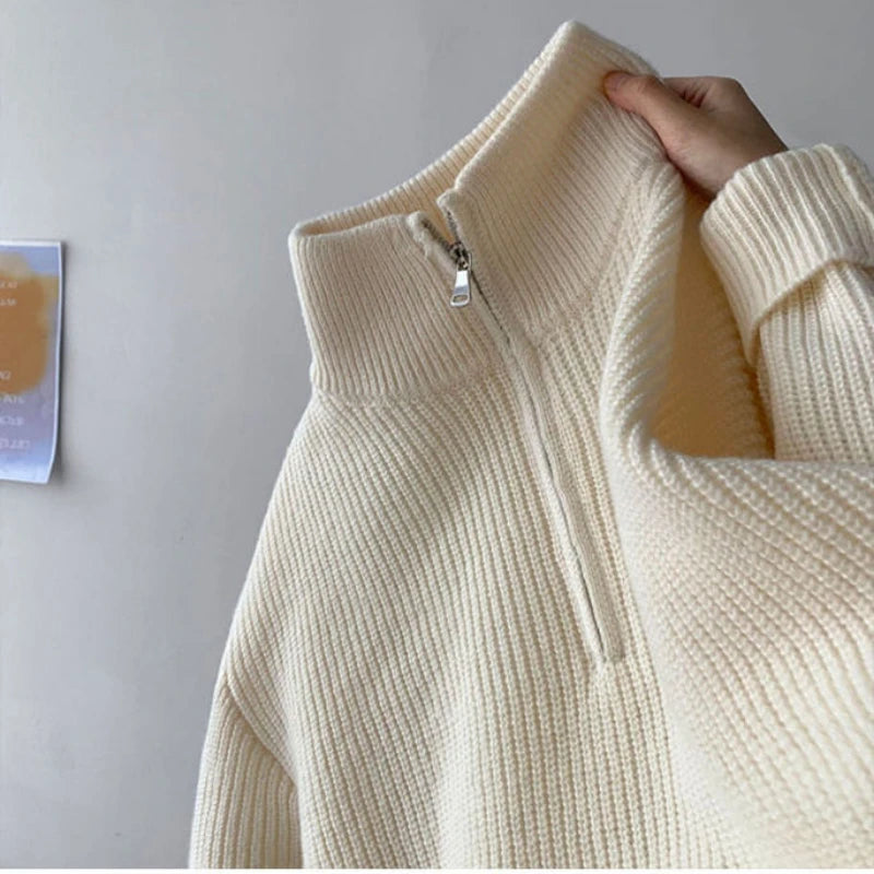 Half Zipper High Neck Pullover Sweater Men Autumn Winter Knitted Sweater Soft Lazy Tops Couple Coat Long Sleeve Warm Outerwear