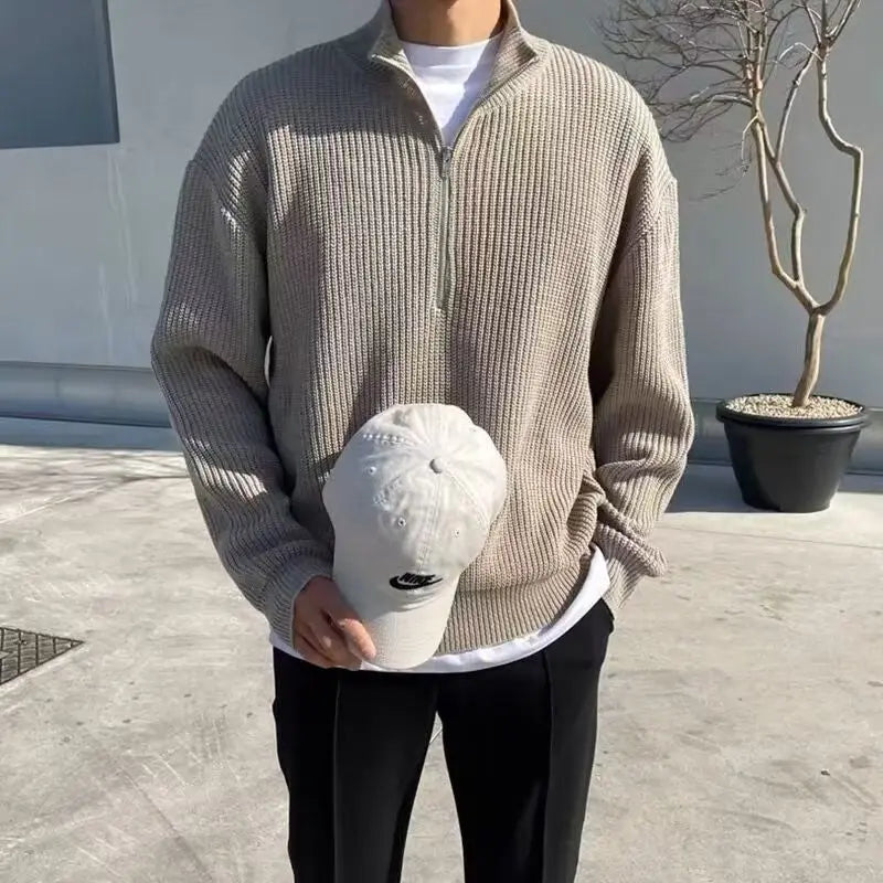 Autumn & Winter Men's Knitting Jacket Korean-Style New Half Zip Sweater Casual Minimalist Solid Color Outerwear