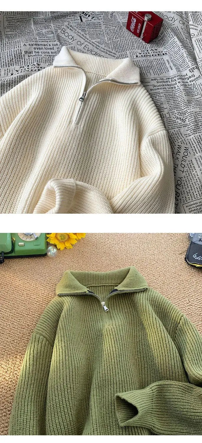 Half Zipper High Neck Pullover Sweater Men Autumn Winter Knitted Sweater Soft Lazy Tops Couple Coat Long Sleeve Warm Outerwear