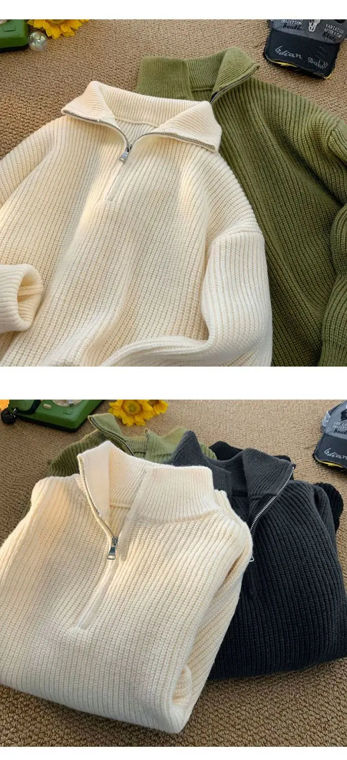 Half Zipper High Neck Pullover Sweater Men Autumn Winter Knitted Sweater Soft Lazy Tops Couple Coat Long Sleeve Warm Outerwear