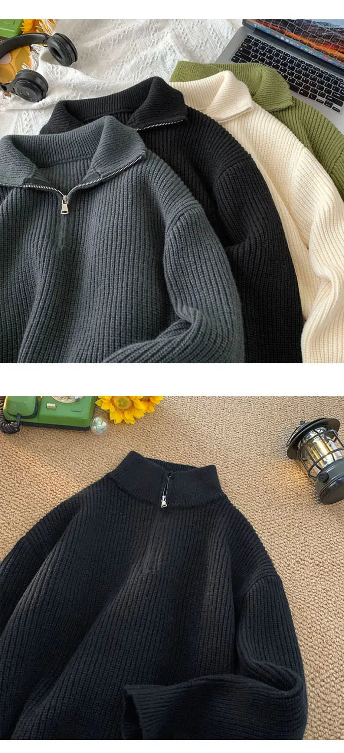 Half Zipper High Neck Pullover Sweater Men Autumn Winter Knitted Sweater Soft Lazy Tops Couple Coat Long Sleeve Warm Outerwear