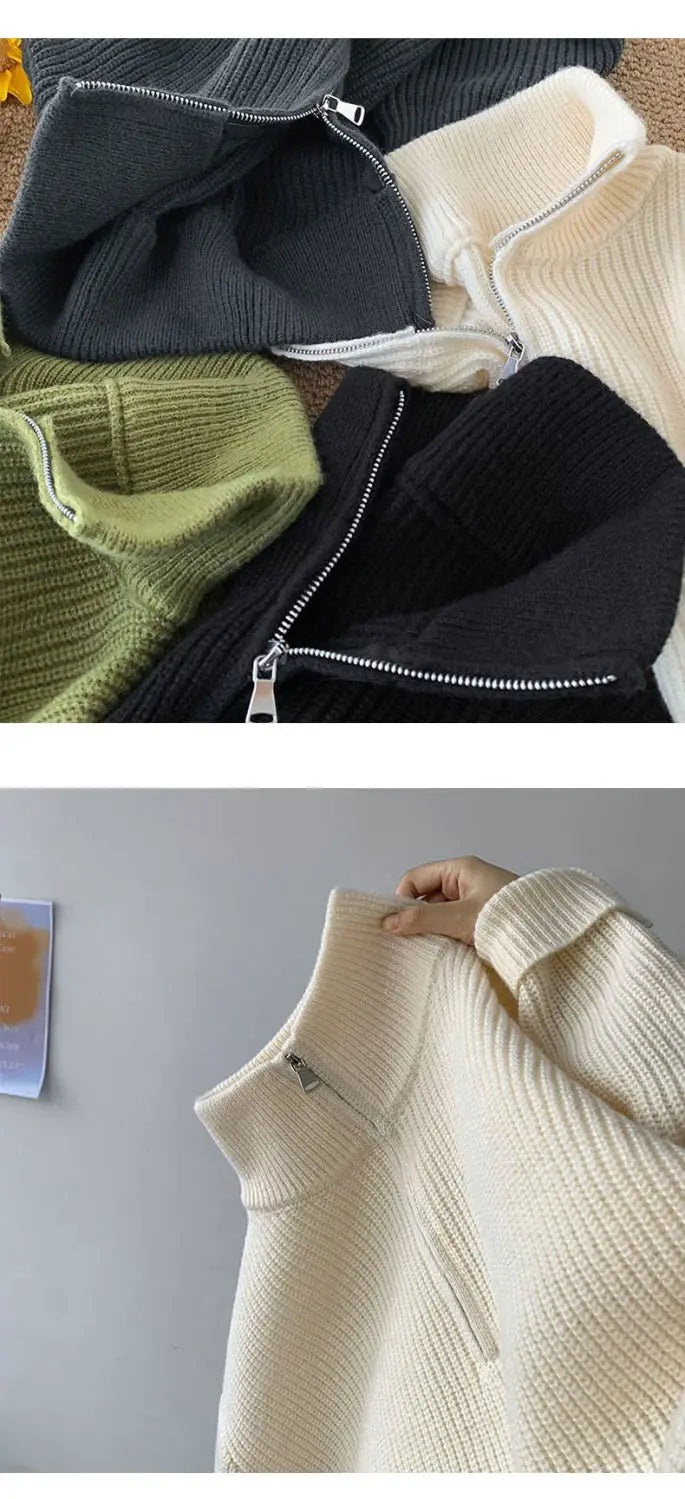 Half Zipper High Neck Pullover Sweater Men Autumn Winter Knitted Sweater Soft Lazy Tops Couple Coat Long Sleeve Warm Outerwear