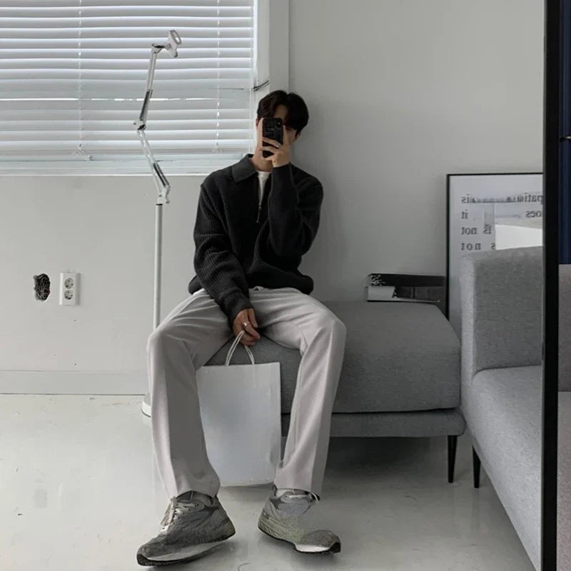 Korean Quality Youth POLO Collar Sweater Men Winter Thickened Loose Half Zipper Sweater Autumn and Winter Japanese Vintage Brand