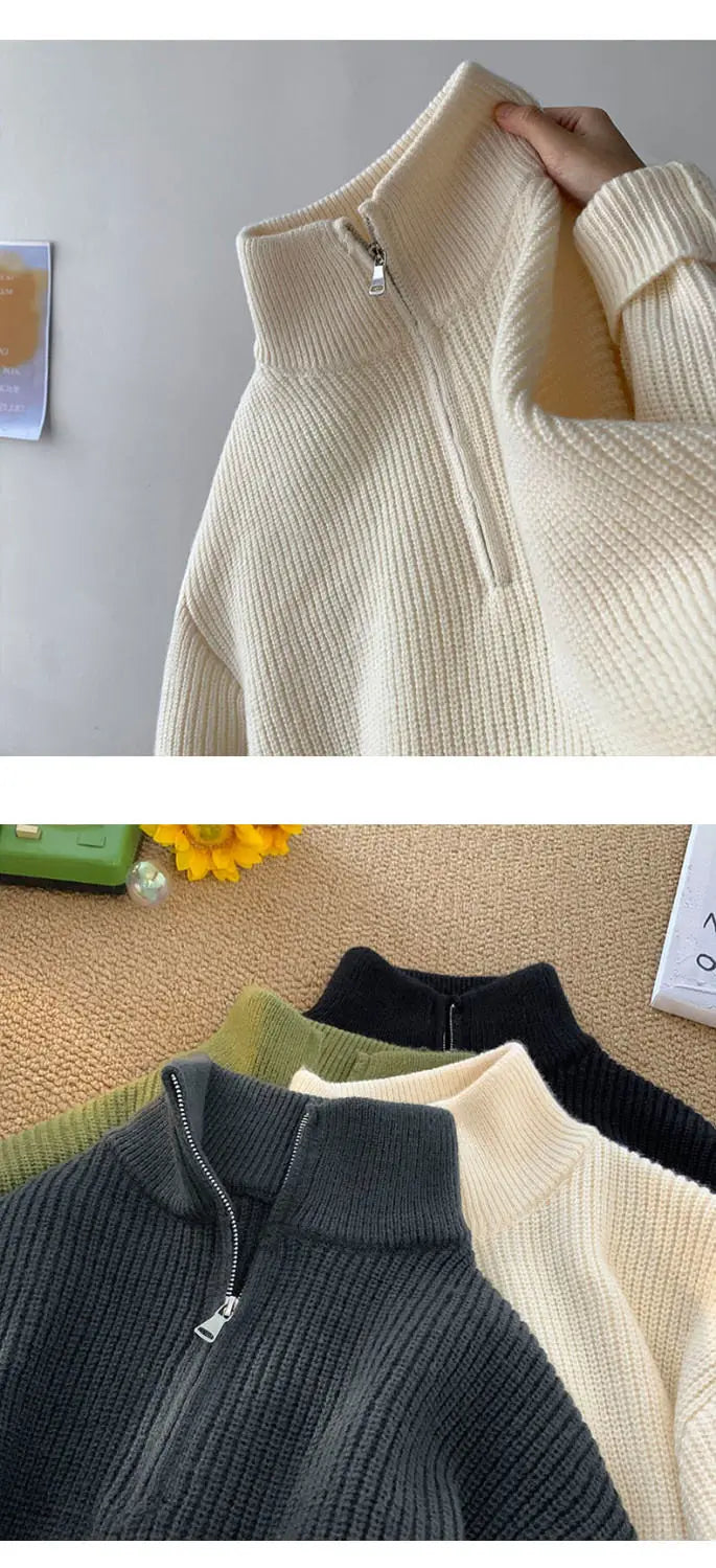 Half Zipper High Neck Pullover Sweater Men Autumn Winter Knitted Sweater Soft Lazy Tops Couple Coat Long Sleeve Warm Outerwear