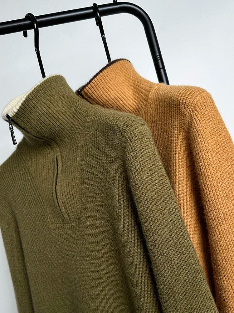 Autumn and Winter Men's Half High Neck Zipper Knitted Sweater Korean Version FashionCasualSolidColor Pullover Thickened and Warm