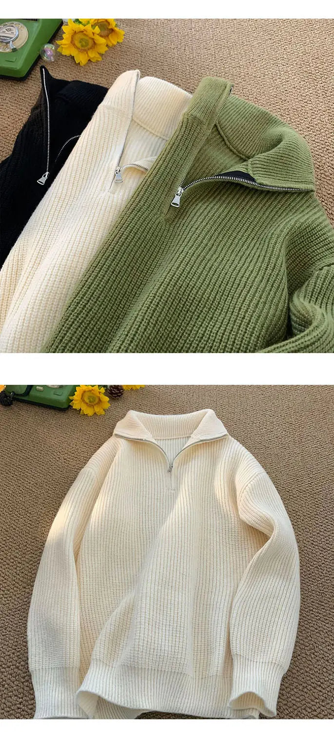 Half Zipper High Neck Pullover Sweater Men Autumn Winter Knitted Sweater Soft Lazy Tops Couple Coat Long Sleeve Warm Outerwear