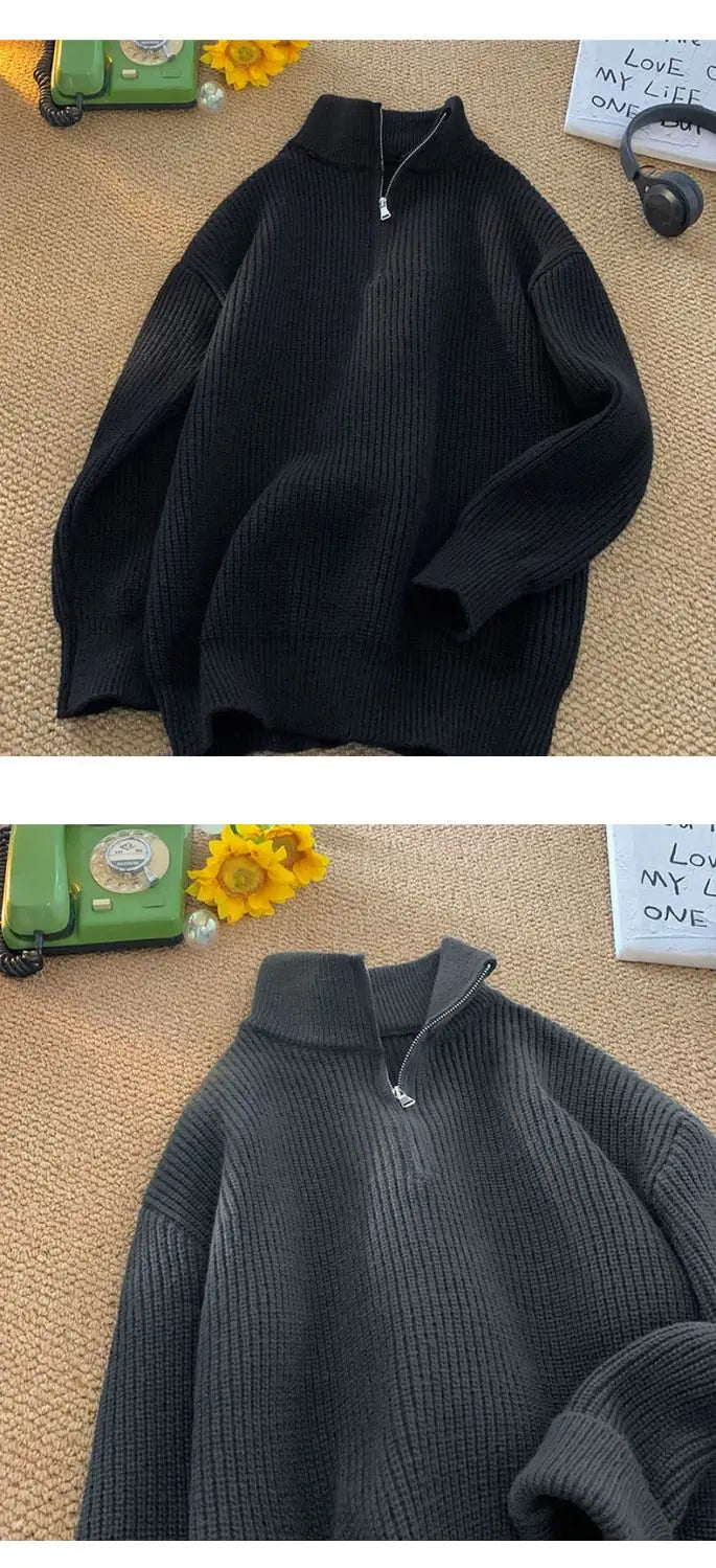 Half Zipper High Neck Pullover Sweater Men Autumn Winter Knitted Sweater Soft Lazy Tops Couple Coat Long Sleeve Warm Outerwear