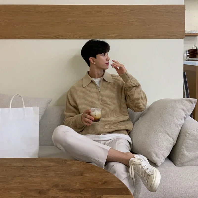 Korean Quality Youth POLO Collar Sweater Men Winter Thickened Loose Half Zipper Sweater Autumn and Winter Japanese Vintage Brand