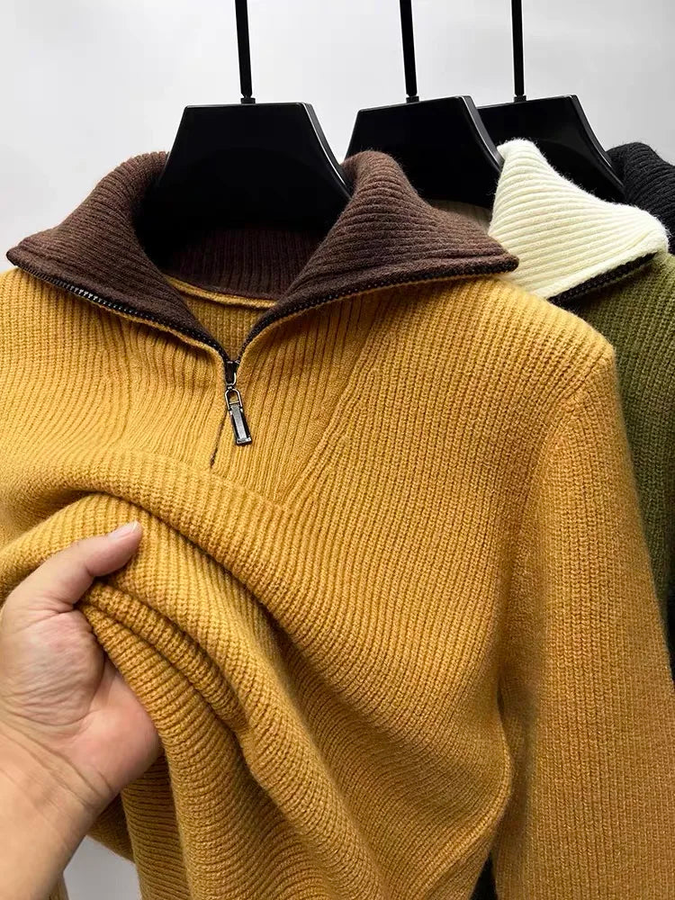 Autumn and Winter Men's Half High Neck Zipper Knitted Sweater Korean Version FashionCasualSolidColor Pullover Thickened and Warm