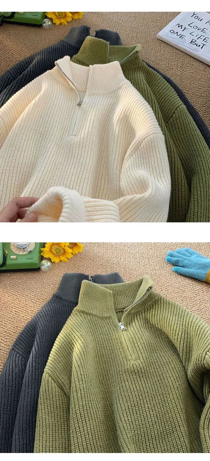 Half Zipper High Neck Pullover Sweater Men Autumn Winter Knitted Sweater Soft Lazy Tops Couple Coat Long Sleeve Warm Outerwear