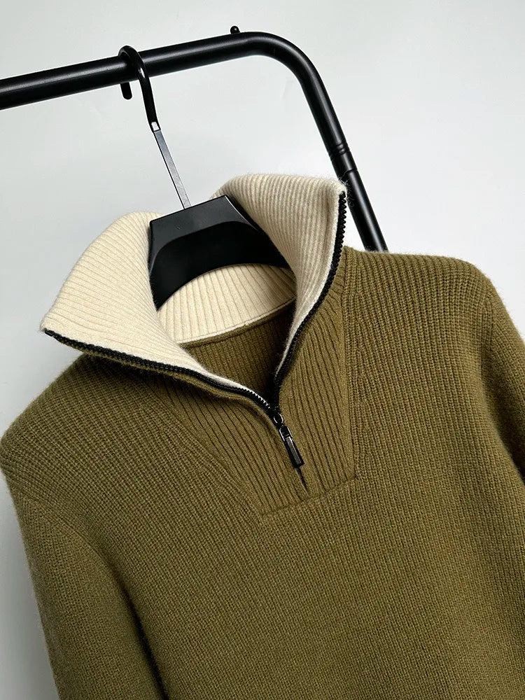 Autumn and Winter Men's Half High Neck Zipper Knitted Sweater Korean Version FashionCasualSolidColor Pullover Thickened and Warm