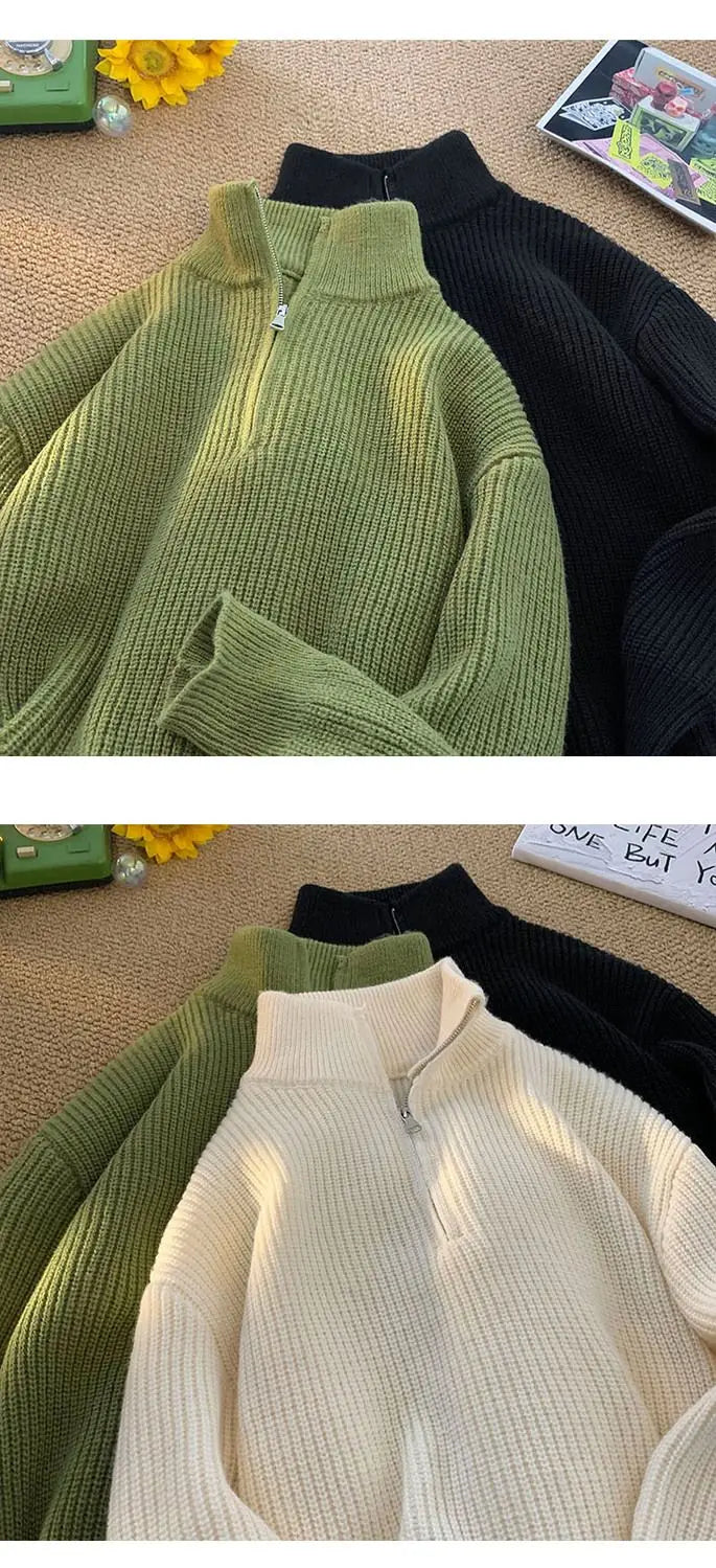 Half Zipper High Neck Pullover Sweater Men Autumn Winter Knitted Sweater Soft Lazy Tops Couple Coat Long Sleeve Warm Outerwear