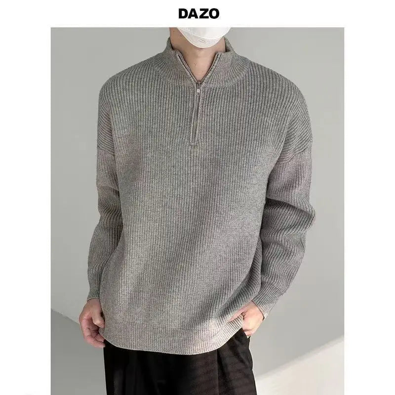 Autumn & Winter Men's Knitting Jacket Korean-Style New Half Zip Sweater Casual Minimalist Solid Color Outerwear