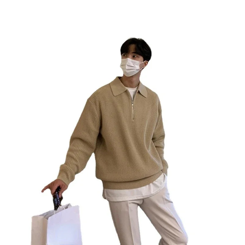 Korean Quality Youth POLO Collar Sweater Men Winter Thickened Loose Half Zipper Sweater Autumn and Winter Japanese Vintage Brand